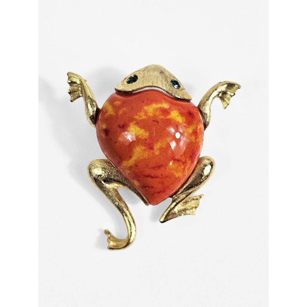 Climbing Frog Orange Ceramic Gold Tone Vintage JJ Jonette Jewerly Brooch